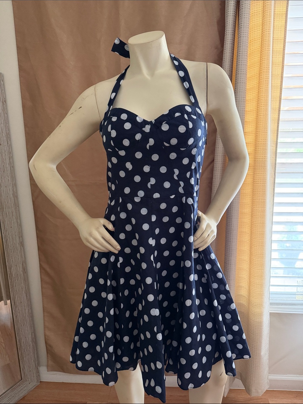 Betsey Johnson Navy and White Polka Dot One-Shoulder Halter Dress